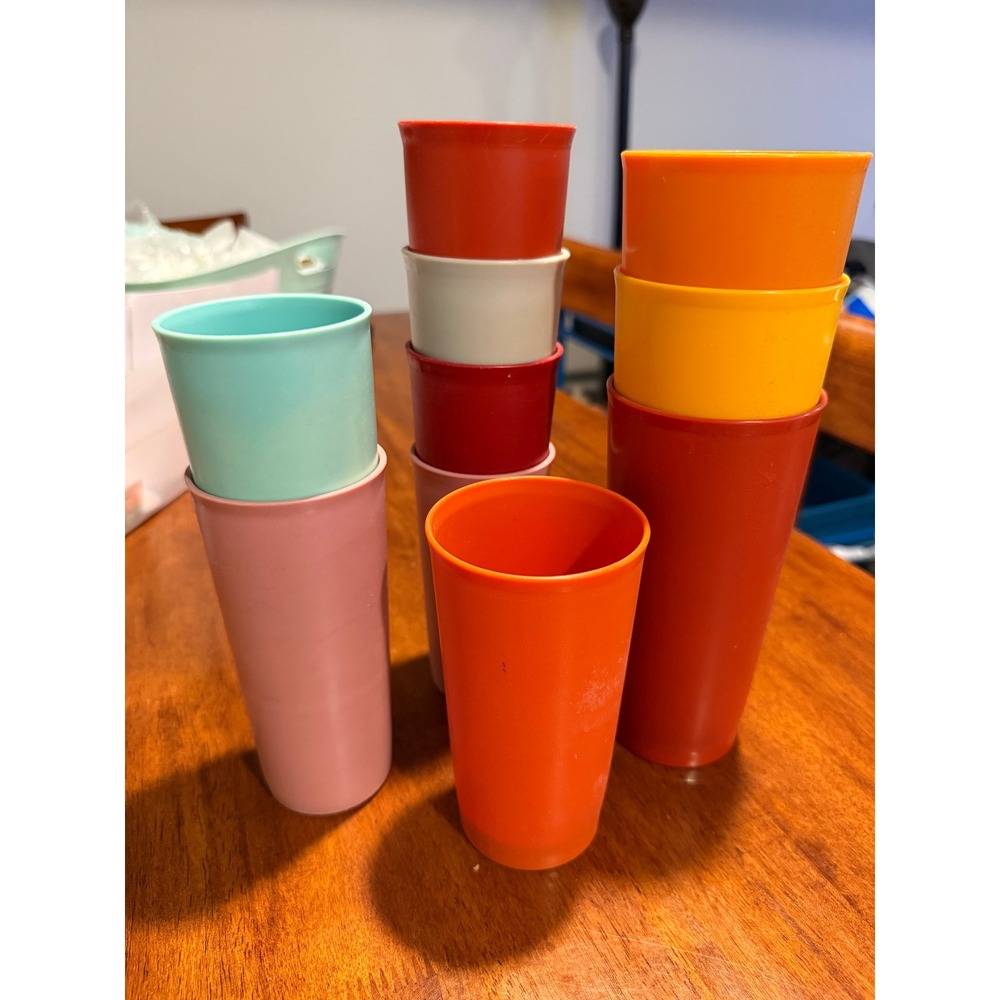 Vintage Plastic Tupperware Tumbler Cup 11pc Multicolor Retro Stackable VTG Retro